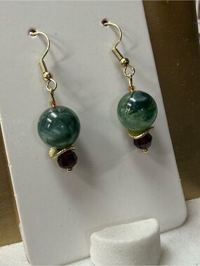 Handcrafted Green Bead Drop Earrings with Gold Accents
